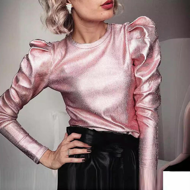 Women's Puff Long Sleeve Metallic Tops Mock Neck Blouse Glitter Party Pullover Shirts
