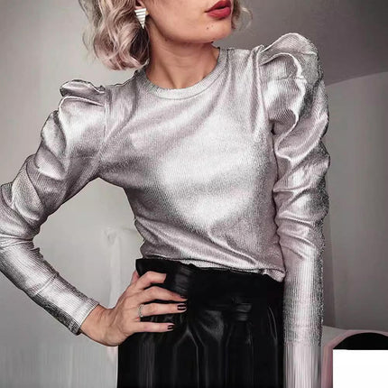 Women's Puff Long Sleeve Metallic Tops Mock Neck Blouse Glitter Party Pullover Shirts