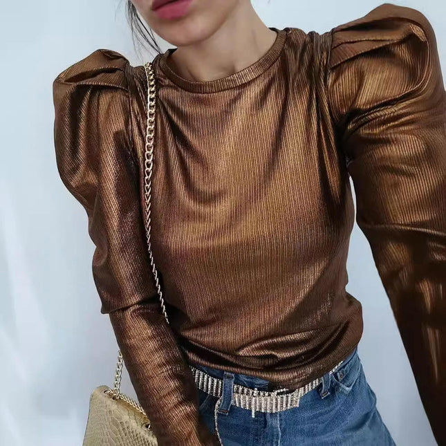 Women's Puff Long Sleeve Metallic Tops Mock Neck Blouse Glitter Party Pullover Shirts