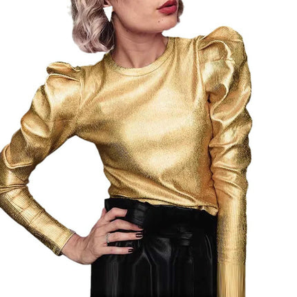 Women's Puff Long Sleeve Metallic Tops Mock Neck Blouse Glitter Party Pullover Shirts