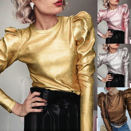 Women's Puff Long Sleeve Metallic Tops Mock Neck Blouse Glitter Party Pullover Shirts
