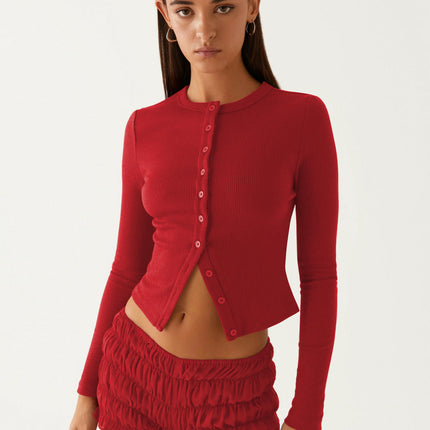Womens Slim Fitted Cardigan Long Sleeve Y2K Ribbed Tops Button Down Shirts