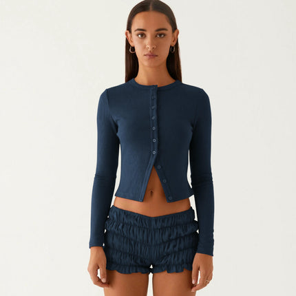 Womens Slim Fitted Cardigan Long Sleeve Y2K Ribbed Tops Button Down Shirts