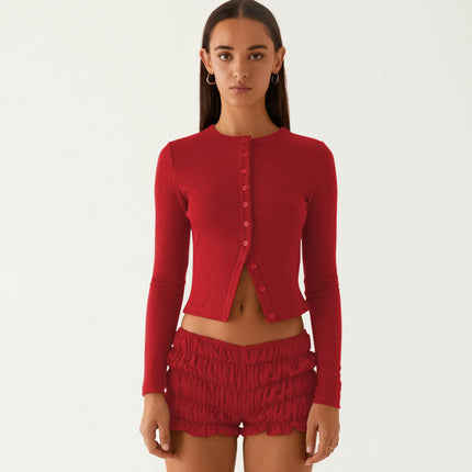 Womens Slim Fitted Cardigan Long Sleeve Y2K Ribbed Tops Button Down Shirts