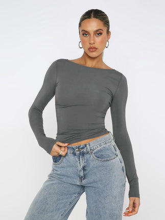 Women's Casual Going Out Crop Tops Slim Fit Long Sleeve Boat Neck T Shirts