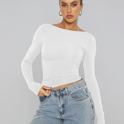Women's Casual Going Out Crop Tops Slim Fit Long Sleeve Boat Neck T Shirts