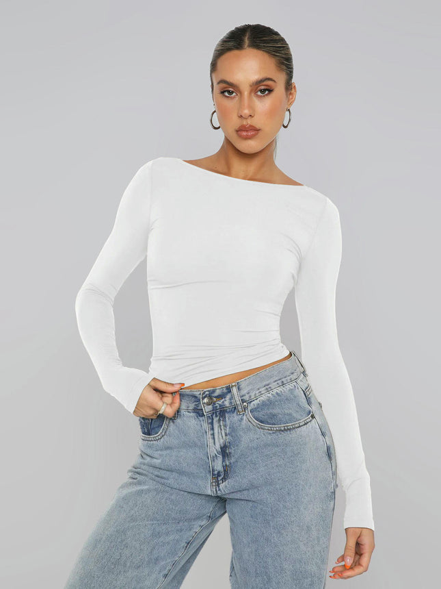 Women's Casual Going Out Crop Tops Slim Fit Long Sleeve Boat Neck T Shirts