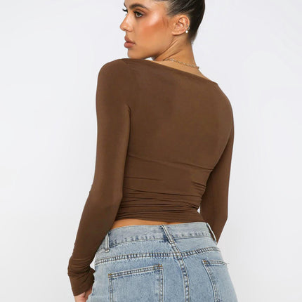 Women's Casual Going Out Crop Tops Slim Fit Long Sleeve Boat Neck T Shirts