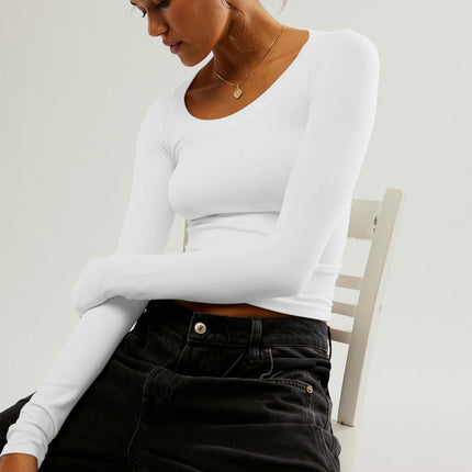 Women Long Sleeve Shirts Basic Scoop Neck Slim Fit Going Out Crop Tops
