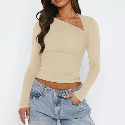 Women Long Sleeve Shirts Asymmetrical Neck Slim Fit Ruched Tops