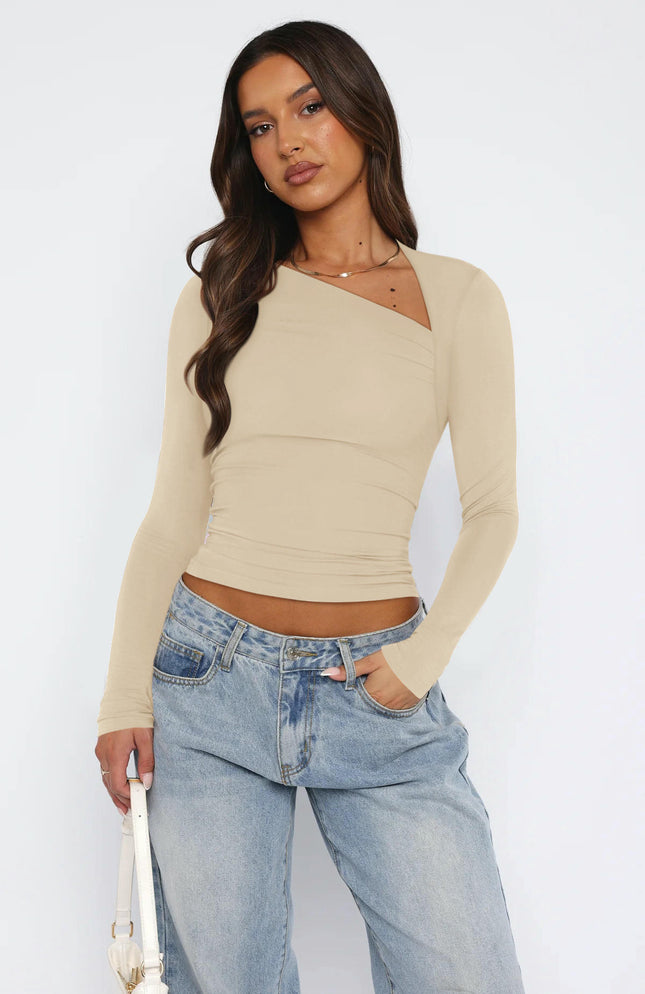 Women Long Sleeve Shirts Asymmetrical Neck Slim Fit Ruched Tops