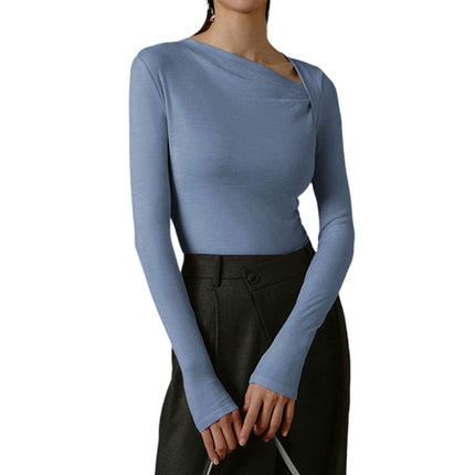 Women Long Sleeve Shirts Asymmetrical Neck Slim Fit Ruched Tops