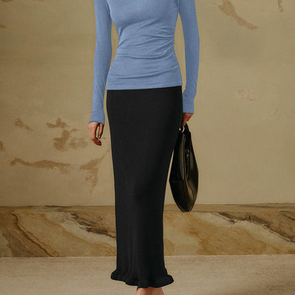 Women Long Sleeve Shirts Asymmetrical Neck Slim Fit Ruched Tops