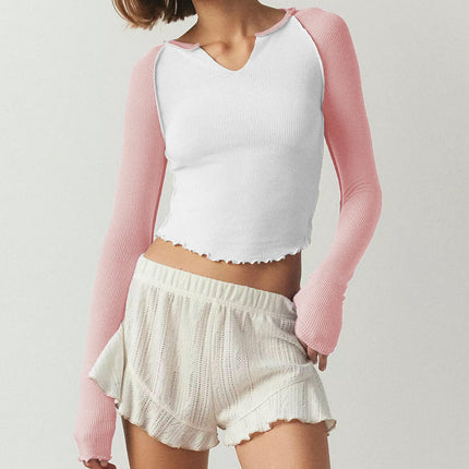 Women Lettuce Trim Long Sleeve T-Shirts Slim Fitted V Neck Color Block Crop Tops