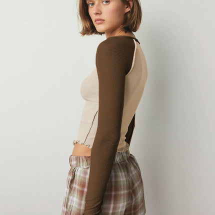 Women Lettuce Trim Long Sleeve T-Shirts Slim Fitted V Neck Color Block Crop Tops