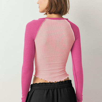 Women Lettuce Trim Long Sleeve T-Shirts Slim Fitted V Neck Color Block Crop Tops