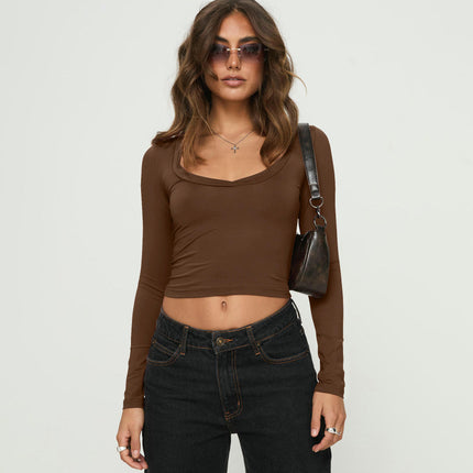 Women's Square Neck T-Shirt Long Sleeve Slim Fitted Solid Casual Crop Top