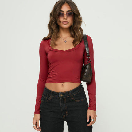 Women's Square Neck T-Shirt Long Sleeve Slim Fitted Solid Casual Crop Top