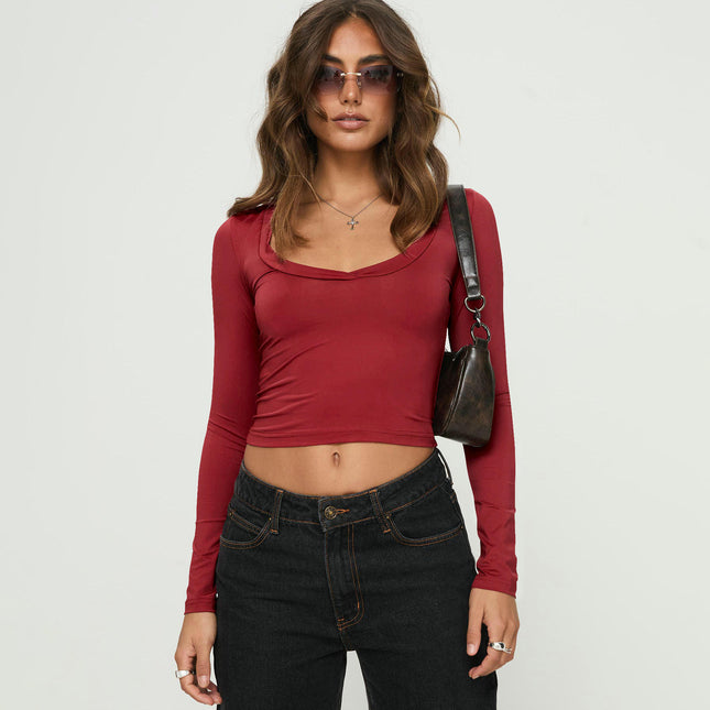 Women's Square Neck T-Shirt Long Sleeve Slim Fitted Solid Casual Crop Top