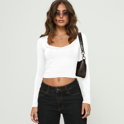 Women's Square Neck T-Shirt Long Sleeve Slim Fitted Solid Casual Crop Top