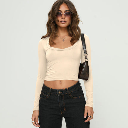 Women's Square Neck T-Shirt Long Sleeve Slim Fitted Solid Casual Crop Top