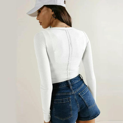 Women Casual Long Sleeve V-Neck Slim Fit T Shirts Solid Basic Tops