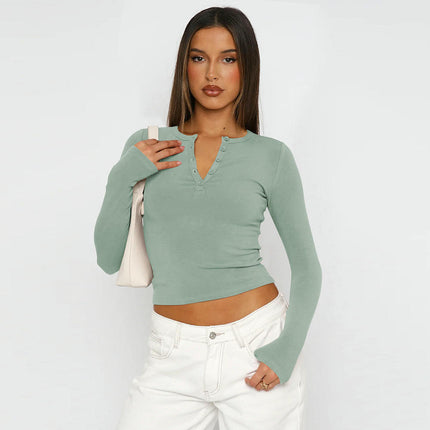 Henley Shirts for Women Long Sleeve Button V Neck Slim Fitted Fall Tops