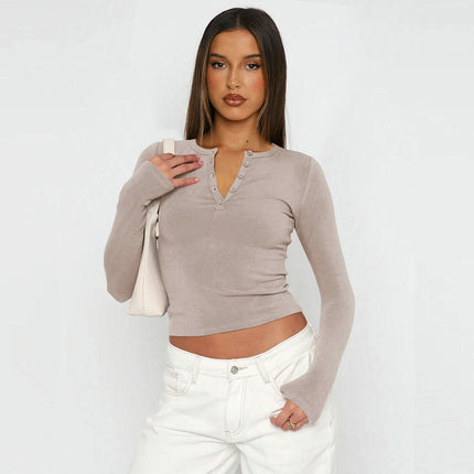 Henley Shirts for Women Long Sleeve Button V Neck Slim Fitted Fall Tops