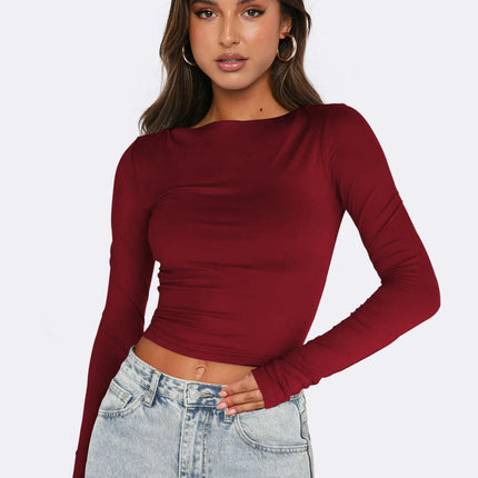 Long Sleeve Crop Tops for Women Slim Fit Boat Neck Casual Going Out Shirt