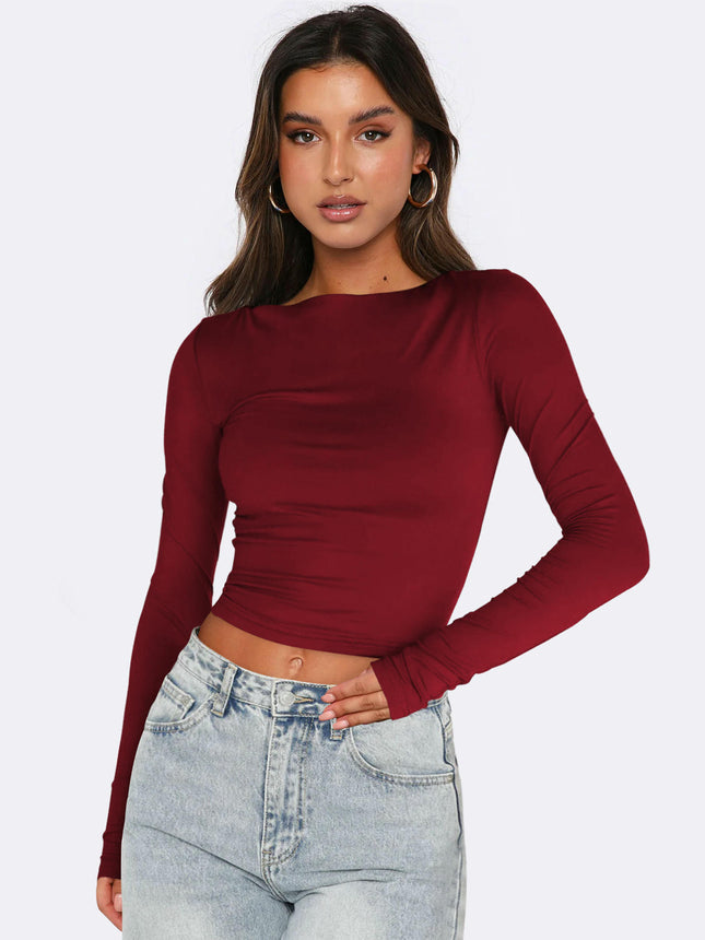 Long Sleeve Crop Tops for Women Slim Fit Boat Neck Casual Going Out Shirt