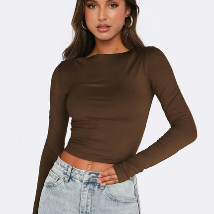 Long Sleeve Crop Tops for Women Slim Fit Boat Neck Casual Going Out Shirt