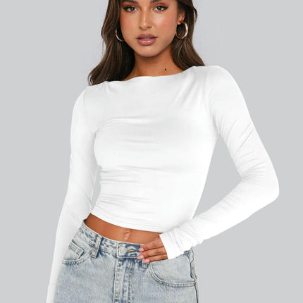 Long Sleeve Crop Tops for Women Slim Fit Boat Neck Casual Going Out Shirt