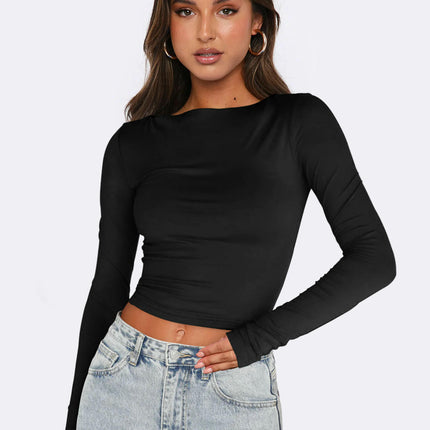 Long Sleeve Crop Tops for Women Slim Fit Boat Neck Casual Going Out Shirt