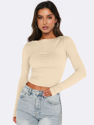 Long Sleeve Crop Tops for Women Slim Fit Boat Neck Casual Going Out Shirt
