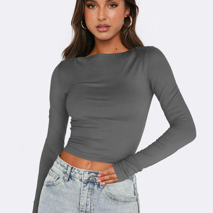 Long Sleeve Crop Tops for Women Slim Fit Boat Neck Casual Going Out Shirt