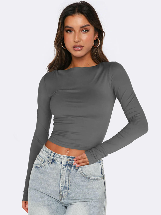 Long Sleeve Crop Tops for Women Slim Fit Boat Neck Casual Going Out Shirt