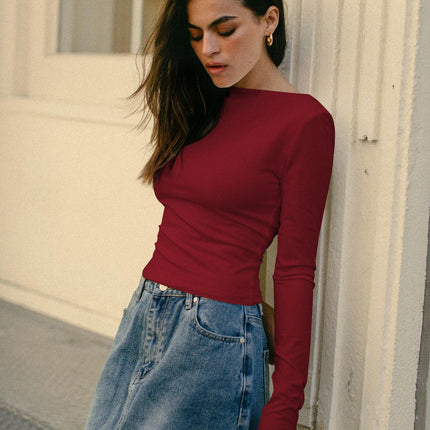 Long Sleeve Crop Tops for Women Slim Fit Boat Neck Casual Going Out Shirt