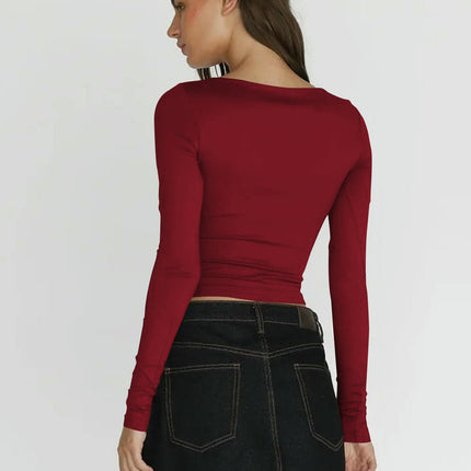 Long Sleeve Crop Tops for Women Slim Fit Boat Neck Casual Going Out Shirt