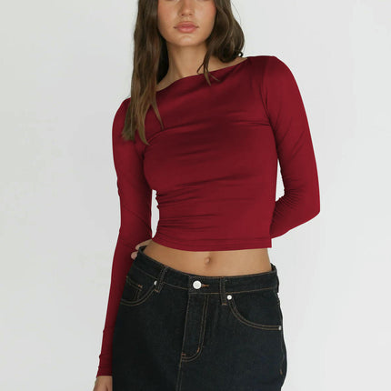 Long Sleeve Crop Tops for Women Slim Fit Boat Neck Casual Going Out Shirt