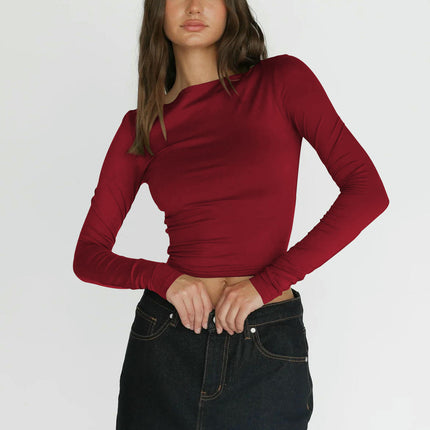 Long Sleeve Crop Tops for Women Slim Fit Boat Neck Casual Going Out Shirt