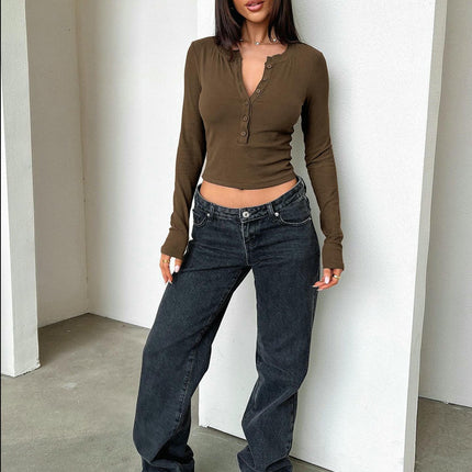 Womens Long Sleeve Henley Shirts Button Crew Neck Casual Slim Fit Tops