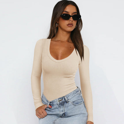 Women Long Sleeve V Neck Slim Fit Shirts Basic Casual T-Shirt Going Out Tops
