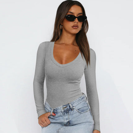 Women Long Sleeve V Neck Slim Fit Shirts Basic Casual T-Shirt Going Out Tops
