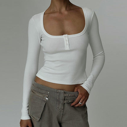 Women's Long Sleeve Button Square Neck Henley T Shirts Slim Fit Casual Tops
