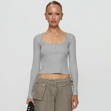 Women's Long Sleeve Button Square Neck Henley T Shirts Slim Fit Casual Tops