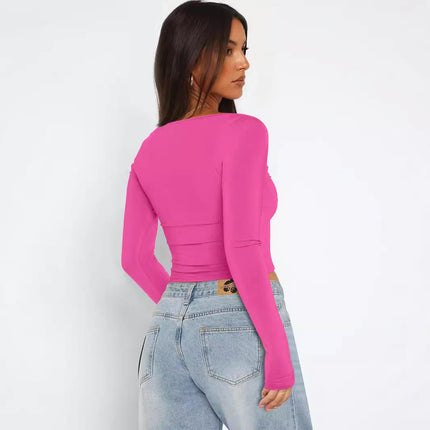 Women's Basic Long Sleeve Sweetheart Neck Crop Top Slim Fit T-Shirt