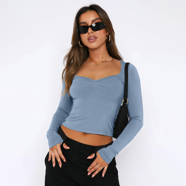 Women's Basic Long Sleeve Sweetheart Neck Crop Top Slim Fit T-Shirt