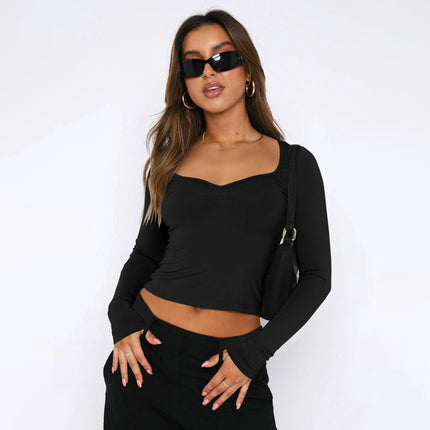 Women's Basic Long Sleeve Sweetheart Neck Crop Top Slim Fit T-Shirt