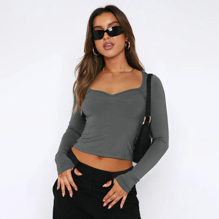 Women's Basic Long Sleeve Sweetheart Neck Crop Top Slim Fit T-Shirt