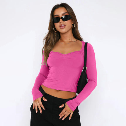 Women's Basic Long Sleeve Sweetheart Neck Crop Top Slim Fit T-Shirt